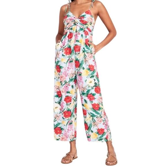 Old Navy Tie-Shoulder Cropped Twist-Front Smocked Jumpsuit Blue Women Medium - Picture 1 of 10